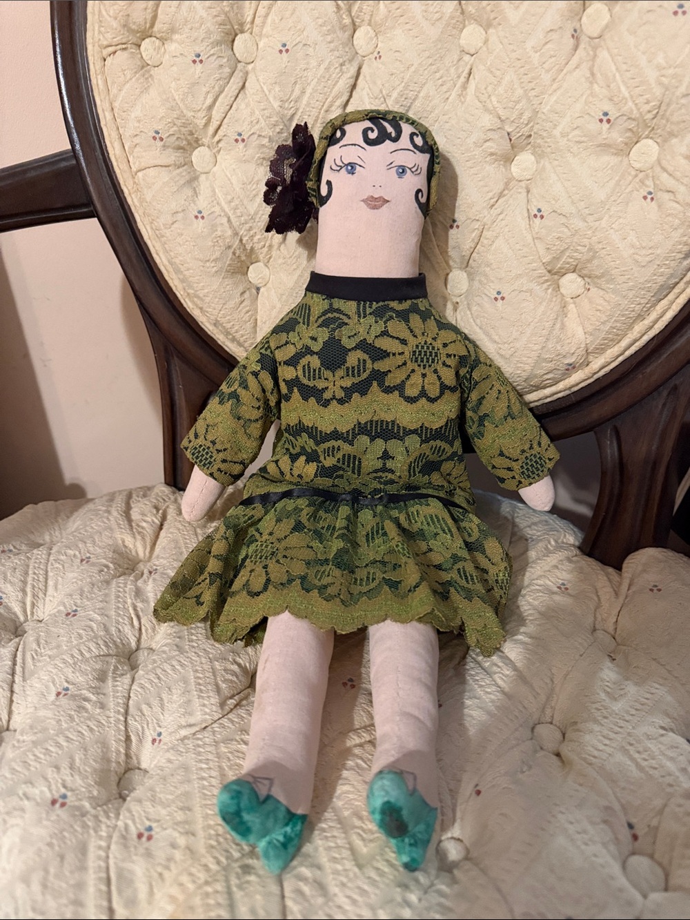 Beautiful Handmade Green Lace Fabric Flapper Doll with Floral Headband